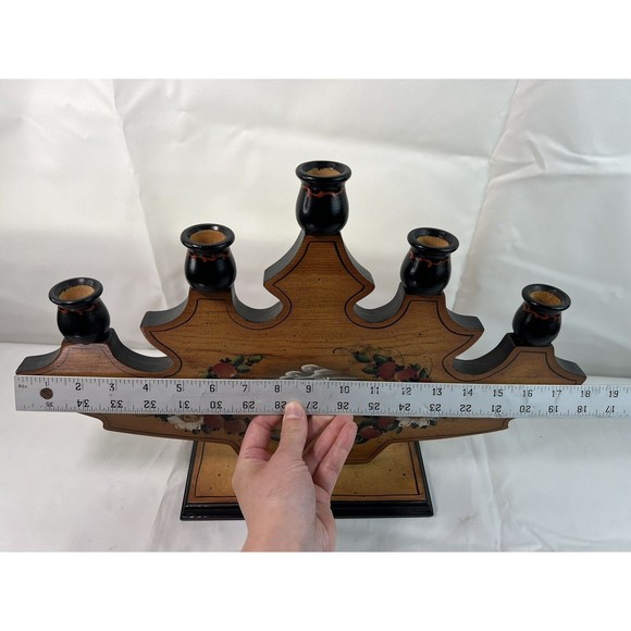 Vtg 1984 Hand Painted Country Scent Floral 5 Arm Wood Candle Holder Signed 18” - Picture 9 of 10